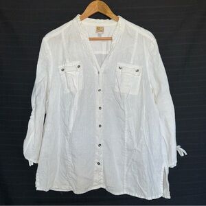 JM Collection 100% Linen Button Up Shirt White 3/4 Tie Sleeve V Neck Size 16